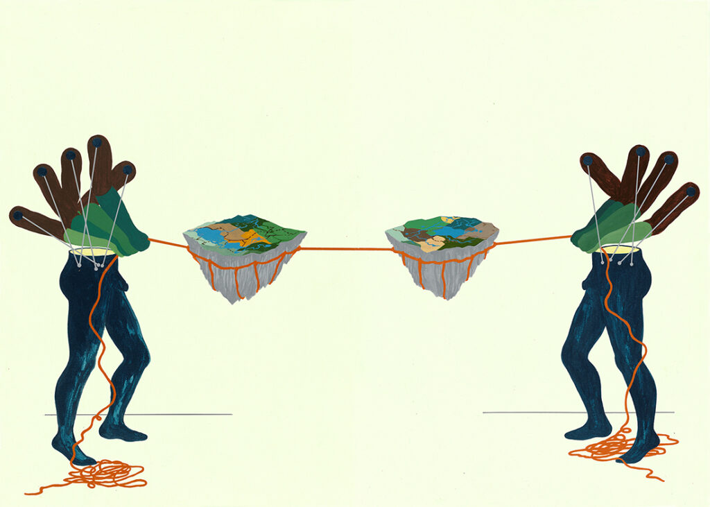 Verk av konstnären Otobong Nkanga. En illustrativ målning av en dragkamp mellan två fragmenterade människogestalter som drar i två bitar land.
