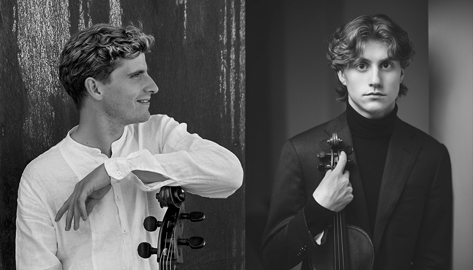 Två porträtt av de manliga stråkmusikerna Andreas Brantelid och Michael Gremer.