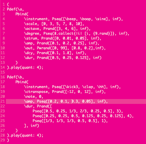 Rosa bild med kod för musikalisk live coding.